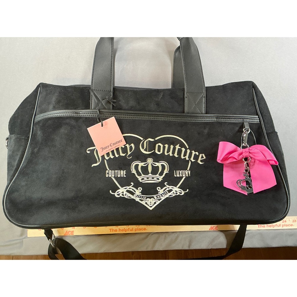 NWT Juicy Couture Black Velour Duffel Bag Crown Heart Logo Travel Weekender